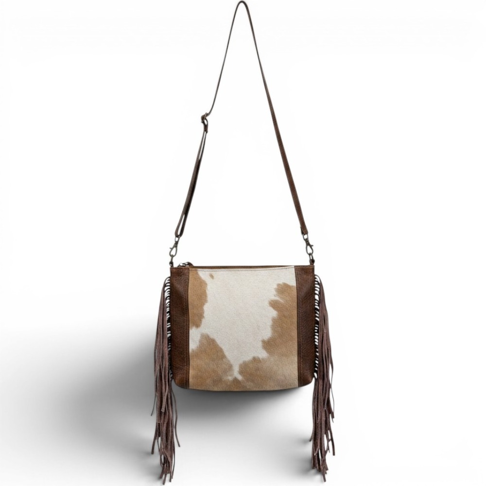 Cotton Curls Cowhide Leather Fringe Crossbody Bag Brown White Western Boho
